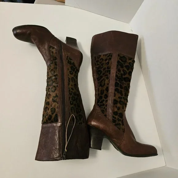 Born Brown Boots Knee High Zip Leopard Print Pony Hair Women Size 9 1/2 - Picture 5 of 16